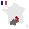 Location of Occitania on map France. 3d location sign similar to the flag of Occitania. Quality map with regions of French Repub