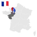 Location of Pays de la Loire on map France. 3d location sign similar to the flag of Pays de la Loire. Quality map  with regions of Royalty Free Stock Photo