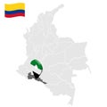 Location of Putumayo on map Colombia. 3d Putumayo location sign. Flag of Putumayo. Quality map with regions of Colombia