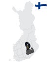 Location Southern Savonia Region on map Finland. 3d location sign similar to the flag of South Savo. Quality map with regions of