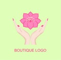 Print for logo design, cosmetician, spa and massage salon with female hands holding a pink lotus flower