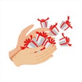 A lot of holiday gift boxes with red ribbons in a hands Royalty Free Stock Photo