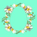 wreath of field daisies with a plate in the form of an egg on fashion background.