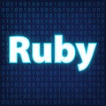 Machine code languages in neon style. Programming languages concept in blue.  Language Ruby on binary code background for your des Royalty Free Stock Photo