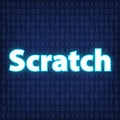 Machine code languages in neon style. Programming languages concept in blue.  Language Scratch on binary code background for your Royalty Free Stock Photo