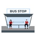 A man and woman doing social distancing and wear masker at the bus stop - flat illustrations