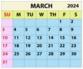 2024 March month calendar Color vector illustrator calendar design