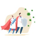 Masked doctors are fighting coronavirus infection. A nurse holds a syringe, a doctor holds a shield.