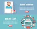 Medical concept design flat banners set. Blood donation. Blood test