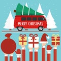 Merry Christmas greatings concept design flat. Minibus with christmas tree