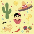 Print mexico. Frida Kahlo, cactus, lemons, hot pepper, hot sun, maracas, hat, sand lizard, mustache, candy. Can be used to print v