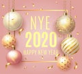 New Year 2020. Gentle elegant pink template with gold Christmas ball and confetti with a sparkle. Concept for poster of greeting c