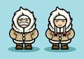 Old Eskimo Cute Couple Illustration in Cartoon Style. Arctic People Living In North Pole Flat Design.