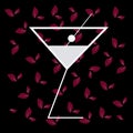 Print and pattern with rose petals and a martini glass,illustration,logo stylish and glamorous black background