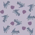 Print pattern with smiling grey dinosaur crocodile and walker with purple egg