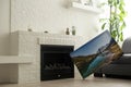 Print photography on canvas. Stretched photo canvas with gallery wrapping method, closeup, side view