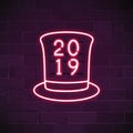 2019 in a pink top hat neon sign vector Royalty Free Stock Photo