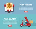 Pizza ordering concept design flat banners set. Pizza Delivery man ride scooter motorcycle. Pizza icon