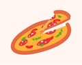 Pizza with salami and vegetables and slice of pizza levitation