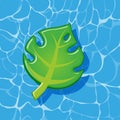 Pool infantable green palm tree leaf mattress place on water texture.