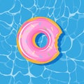 Pool infantable pink donut mattress place on water texture.