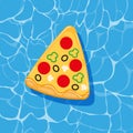 Pool infantable pizza mattress place on water texture.