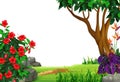 Landscape View With Trees, Grass, And Flower Cartoon