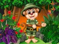Funny Brown Monkey in the Forest With Tropical Plant Flower Cartoon