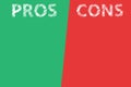 Pros and cons assessment analysis word text transparent on divided list green red background