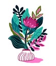 Protea with tropical leaf on the withe background. Floral print design for t-shirt. Exotic flower in hand drawn style.