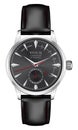 Realistic watch clock silver black leather strap red arrow on white design classic luxury vector