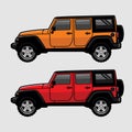 Red and Orange 4x4 Offroad SUV Side View Illustration in Cartoon Style. Expedition Offroader Flat Vector Royalty Free Stock Photo