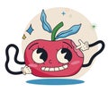 Retro cartoon apple sticker in white gloves. Funny apple with big eyes