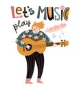 Romantic singer with guitar and lettering - `Let`s play music`. Vector illustration for music festival.