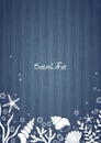 Sea shell, starfish, seaweed, coral and bubble water on wooden vector background. Royalty Free Stock Photo