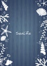 Sea shell, starfish, seaweed, coral and bubble water on wooden vector background. Royalty Free Stock Photo