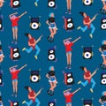 Seamless pattern Carefree Youth, Young people dances. Flat vector illustration. Music festival themes wrapping papper textile Royalty Free Stock Photo