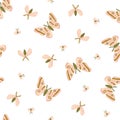 Seamless pattern with moths and night butterfly on the white background. Beautiful romantic print. Light fabric design.