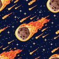 Seamless pattern with vector illustration of falling space meteor, comet
