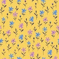 Seamless pattern with wild flowers silhouette. Yellow background with blossoming flowers. Vintage floral wallpaper.