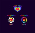 Print set on black background for hippie poster with 70s colorful good vibes only slogan and white daisy, heart shape
