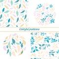 A set of delicate floral patterns and emblems on a white background with floral elements and decorative feathers