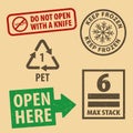 Set of fragile sticker Keep Frozen icon packaging symbols sign, Max Stack, Open Here rubber stamp on cardboard background, vector