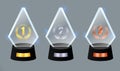 Set of Glass trophy award. Vector award on gradient gray background,