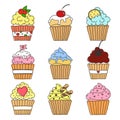A set of vector doodle images of isolated cupcakes. Freehand outline food