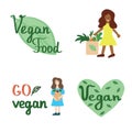 Set with vegan lettering, logo and caracters, healthy vegetarian food concept, vector