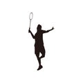 Silhouette of sport man badminton player smashing the ball - silhouette of badminton athlete are playing attack with smashing shut Royalty Free Stock Photo