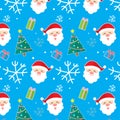 Smiling Santa Claus face,gift boxes,Christmas tree decoration,snow flakes on light blue pattern seamless background design,vector Royalty Free Stock Photo