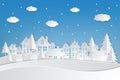 Snow Urban Countryside Landscape City Village. paper art and craft style.