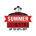 Special offer, summer big sale banner, poster design with 50 discount. Black island with palm trees symbol and red ribbon Royalty Free Stock Photo